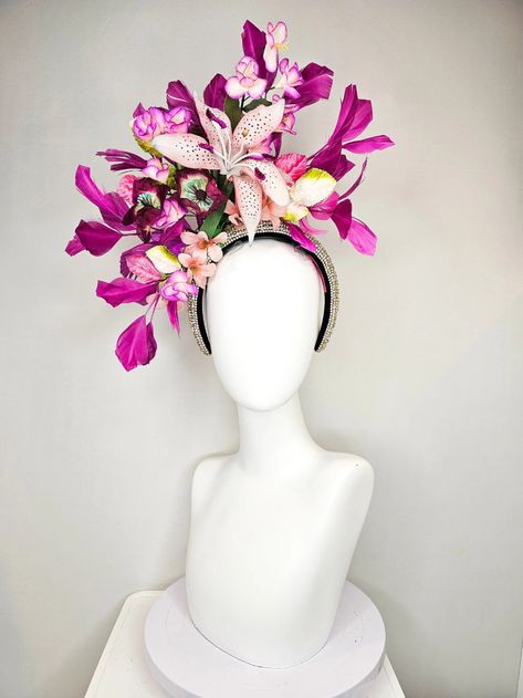 Kentucky Derby Hat Fascinator Rhinestone Crystal Headband With Light Pink Lavender Purple Silk Flowers and Leaves Purple Feathers - Etsy Diy Derby Fascinator, Derby Hats Diy Ideas, Fascinator Hats Diy, Purple Feathers, Floral Fascinators, Floral Headdress, Kentucky Derby Fascinator, Flower Costume, Derby Hats Fascinators