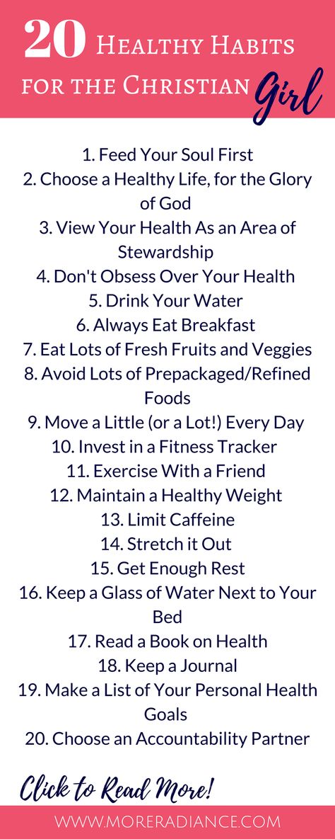 20 Healthy Habits for the Christian Girl (Infographic) | Healthy Living | Healthy Girl | Fitness + Health Tips | More Radiance Blog Godly Habits, Weekly Habits, Christian Fitness, Image Film, Living Healthy, Christian Girl, Healthy Girl, Women Encouragement, Proverbs 31