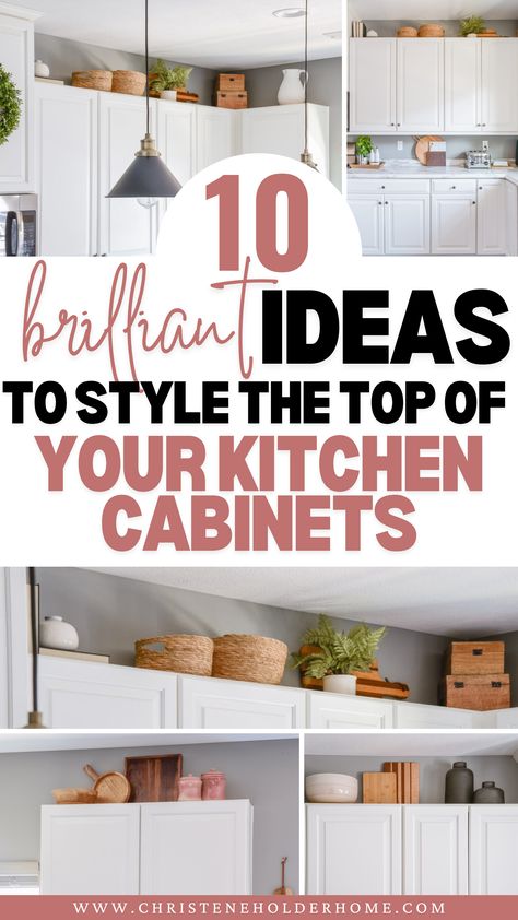 Looking for inspiration to spruce up the tops of your kitchen cabinets? Discover 10 creative and stylish ideas to transform that often-overlooked space! From elegant vases and greenery to unique collectibles and lighting, these budget-friendly tips will help you add a personal touch to your kitchen. Click now to explore and get inspired by the best ways to decorate the tops of your kitchen cabinets! Modern Top Of Cabinet Decor, How To Decor Top Of Kitchen Cabinets, Things To Put On Top Of Kitchen Cabinets, How To Decorate Cabinet Tops, How To Decorate A Large Kitchen Wall, How To Decorate Kitchen Cabinets Tops, Upper Cabinet Decor Kitchen, How To Decorate Top Of Kitchen Cabinets, Kitchen Cabinet Top Decorating Ideas