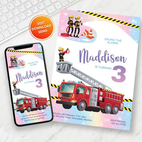 Excited to share the latest addition to my #etsy shop: Editable Girls Fire Truck Birthday Invitation, Girls Fire Engine Birthday Invite, Digital Invitation, Editable Template, Instant Download https://etsy.me/3n8vyrK #flat #rainbow #birthday #pink #vertical #girlsfiret Fire Engine Birthday, Fire Truck Birthday, Truck Birthday, Firetruck Birthday, Downloadable Templates, Birthday Invitations Girl, Rainbow Birthday, Birthday Invite, Digital Invitation