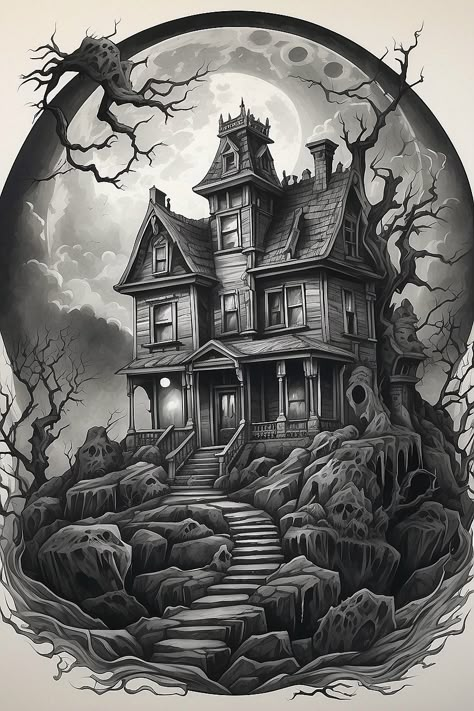 Creepy House Tattoo, Castle On Fire Tattoo, Gothic House Tattoo, Haunted House Tattoo Design, Dark Horror Tattoo Designs, Halloween Haunted House Drawing, Tattoo Designs Dark, Tattoo Designs Realistic, Tattoo Designs Women