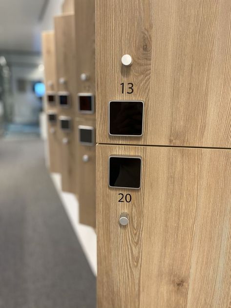 Yellowbox Locker System within Arcadis Smart Office. Locker Design Ideas, Modern Lockers, Clubhouse Ideas, Staff Lockers, Wood Lockers, Locker Ideas, Wooden Lockers, Office Vibes, Locker Designs