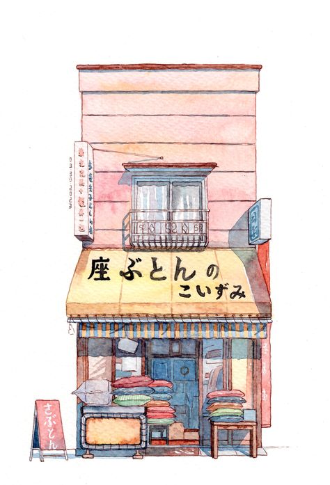 Tokyo Storefronts, Cottage Roof, Whimsical Cottage, Arte Aesthetic, Colour Drawing, Building Illustration, Ghibli Artwork, House Sketch, Architecture Drawing Art