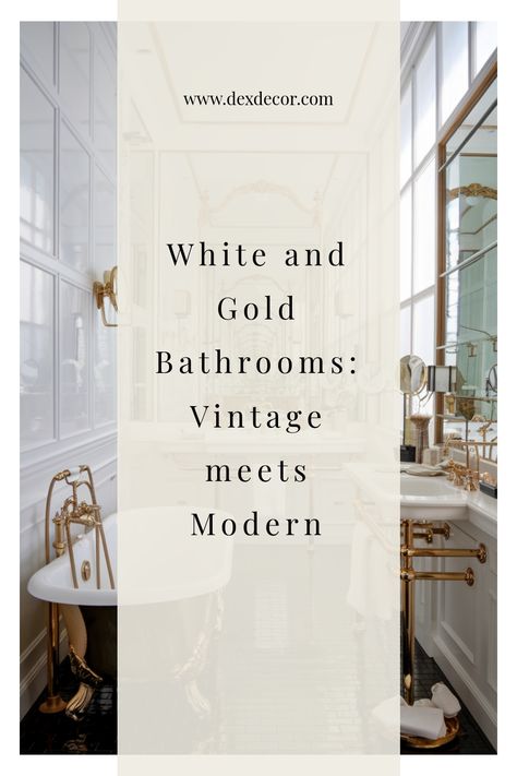 Luxurious white and gold bathroom with vintage and modern elements, featuring a freestanding bathtub and gold fixtures. Black And Gold Bathroom White Vanity, Small Gold Bathroom, Lux Bathroom Ideas, Bathroom With Gold Hardware, Elegant Half Bathroom Ideas, Bathroom With Brass Fixtures, Bathroom With Gold Accents, Gold Bathrooms, Bathrooms Vintage