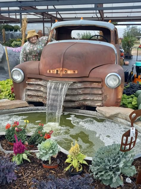 Old Truck Fountain, Old Truck Flower Bed Waterfall, Truck Water Feature, Old Truck Landscape Ideas, Old Truck Water Fountain, Old Truck Waterfall Pond, Truck Fountain, Truck Landscaping, Farm Fountain