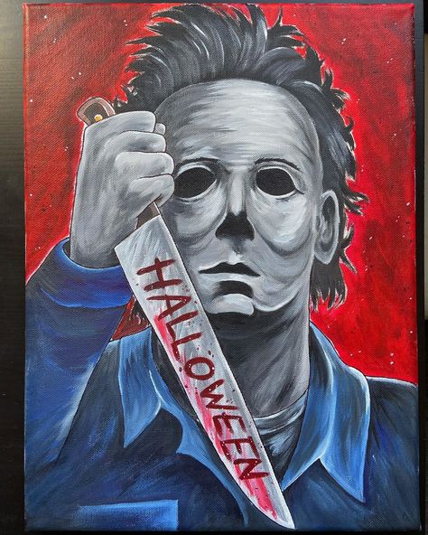 Toby Erskine Tattoo’s Instagram post: “Finished off my Myers canvas painting. Fitting as today marks halfway to Halloween!! 🎃👻 #Halloween #michaelmyersart #michaelmyers #painting” Horror Paintings Canvas, Michael Myers Painting, Michael Myers Drawing, Halfway To Halloween, Horror Painting, Michael Myers Art, Michael Meyers, Halloween Canvas Art, Tattoo S