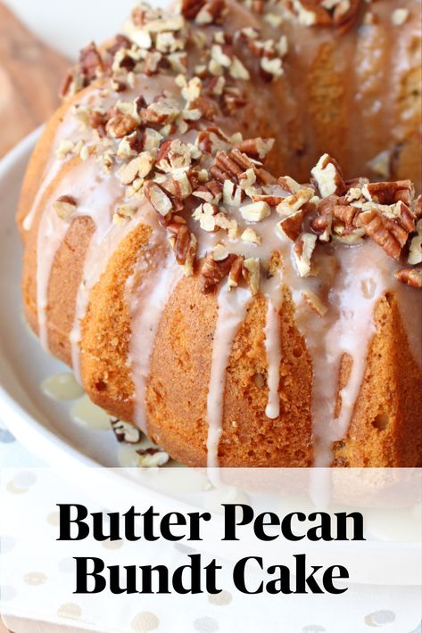 This rich, buttery Butter Pecan Bundt Cake recipe deliciously combines the flavors of butter, brown sugar, vanilla, cinnamon and pecans. It's sure to be the hit of all your family gatherings and dinner parties! Butter Pecan Mini Bundt Cake, Butter Pecan Bundt Cake, Butter Pecan Pound Cake Recipe, Butter Pecan Pound Cake, Pecan Bundt Cake, Bunt Cake Recipe, Cake Bundt, Southern Cake, Butter Pecan Cake