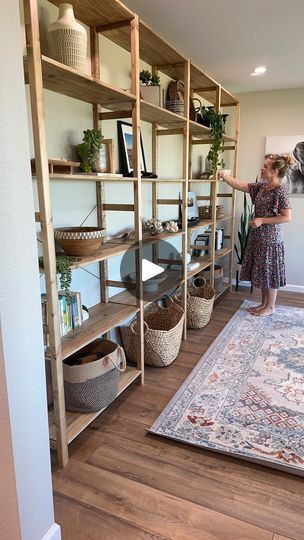 10K views · 1.1K reactions | ✨Transforming this empty wall into a wall of shelving for the Office! . This is the 4 section IVAR shelving unit from IKEA. I stained all 22 shelves and 5 side pieces before assembly with the stain color - Special Walnut. I Love how this turned out, it was exactly what this empty wall in the office needed! If you want to see more details and watch the entire process, then don’t miss today’s YouTube video! @ikeausa @minwaxusa @boutiquerugs #officemakeover #homeoffice #shelvingideas #accentwall | Hannah's Happy Home | avawillyums · Original audio Ivar Shelving Unit, Wall Of Shelving, Ivar Shelving, Ivar Shelves, Ikea Ivar Shelves, Ivar Ikea, Ikea Ivar, Office Makeover, 10k Views