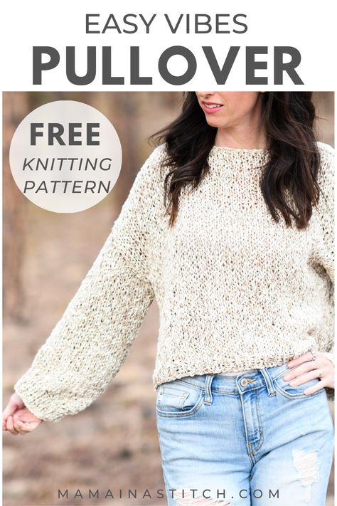 Easy sweater knitting pattern that features bubble sleeves! This is such a simple pattern to follow. I love that it's perfect for summer and spring too! Free knitting pattern available. via @MamaInAStitch Easy Pullover Knitting Pattern, Easy Knitted Jumper Pattern Free, Chunky Jumper Knitting Pattern Free, Simple Knit Sweater Pattern Free, Chunky Sweater Knitting Patterns, Easy Sweater Knitting Patterns Free, Hand Knitted Sweaters For Women Free Pattern, Beginner Sweater Knitting Pattern, Easy Knit Sweater Pattern Free