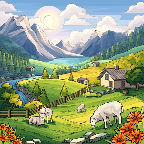 Goat Illustration, Cartoon Town, Optical Illusion Paintings, Town Drawing, Sheep Illustration, Illusion Paintings, Zen Colors, Female Art Painting, Landscape Art Painting