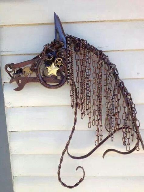 Old chains and other junk make something quite recognizable and charming!  (Sorry, but I can't find the source. It must've gotten lost while being pinterested.) Madam Butterfly, Metal Horse, Horseshoe Crafts, Welding Art Projects, Horseshoe Art, Metal Tree Wall Art, Metal Yard Art, Metal Garden Art, Junk Art