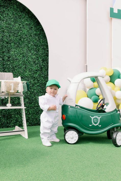 Masters Theme Balloon Arch, Little Tykes Coupe Golf Cart, Golfing Birthday Party, Putt Putt Birthday Party, Masters Themed 1st Birthday Party, Golf Cozy Coupe, Masters Birthday Party Baby, First Birthday Masters Theme, Hole On One Birthday