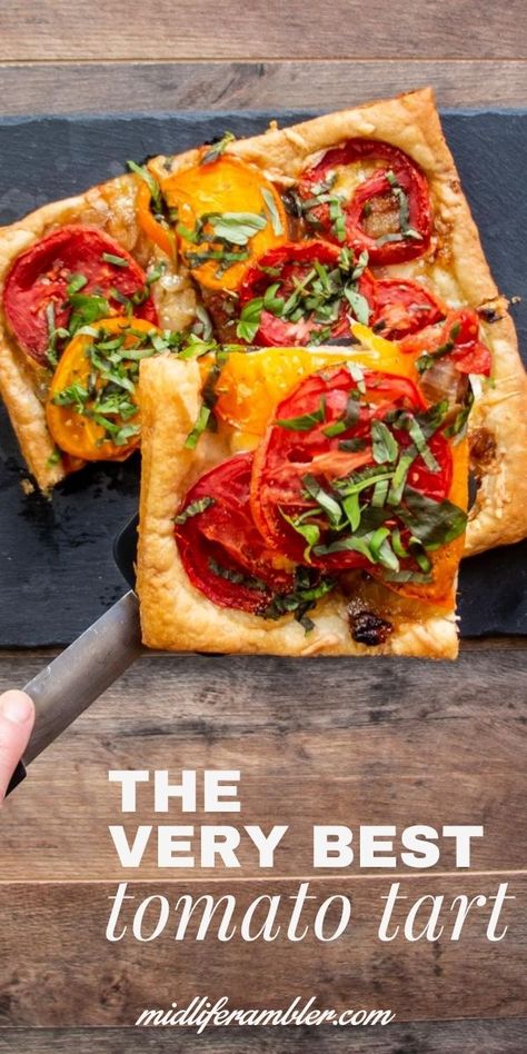 Puff Pastry Tomato Tart Recipe, Heirloom Tomatoes Puff Pastry, Roasted Tomato Tart Puff Pastry, Tomato Onion Tart, Roasted Tomato Tart, Tomato Tart Puff Pastry Cream Cheese, Tomato Pie With Puff Pastry, Tomato Puff Pastry Tart, Puff Pastry Tomato Tart