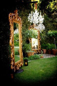 A garden goes glam with oversized gold mirrors. Enchanted Wedding Theme, Enchanted Forest Prom, Wonderland Garden, Secret Garden Parties, Garden Party Theme, Alice In Wonderland Wedding, Secret Garden Wedding, Enchanted Forest Wedding, Prom Theme