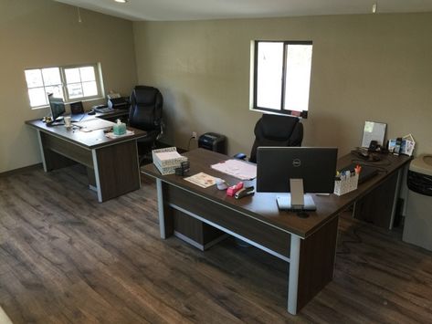 2 Person Office Layout, Two Person Office Layout, Double Desk Office, Home Office 2 Desks, 2 Desk Office Layout, Shared Office Space Ideas, Small Office Space Design, 2 Person Office, Business Office Interior Design