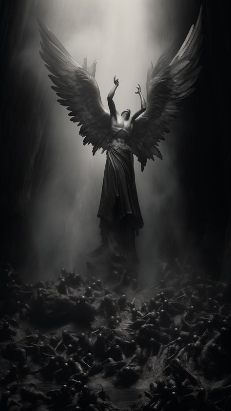 Demons And Angels Aesthetic, Half Angel Half Demon Aesthetic, Dark Angel Back Tattoo, Angel Vs Demon Art, King Belial, Four Horsemen Of The Apocalypse Tattoo, Corrupted Angel Art, Dark Angel Wallpaper, Bad Angel