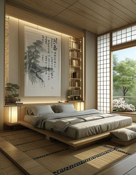 Chinese Bedroom Design, Japanese Bedrooms, Traditional Japanese Bedroom, Modern Japanese Bedroom, Asian Style Bedrooms, Japanese Style Bedroom, Japandi Bedroom, Japanese Bedroom, Japanese Home Design