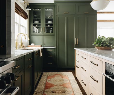 Green Kitchen Walls, Dark Green Kitchen, Painted Brick Walls, Dark Green Walls, White Tile Backsplash, Green Kitchen Cabinets, Design Your Kitchen, Green Paint Colors, Green Cabinets