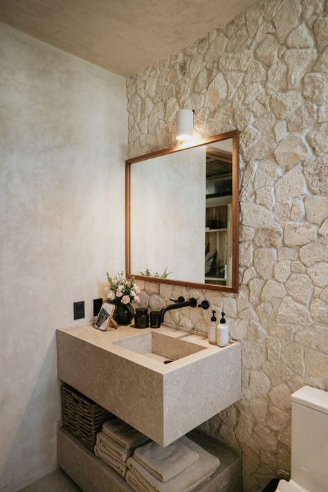 Bathroom Painting Ideas, Wallpapers Bathroom, Spa Apartment, Bathroom Wallpapers, Bathroom Painting, Building Interior, Quintana Roo Mexico, Stone Interior, Interior Bathroom