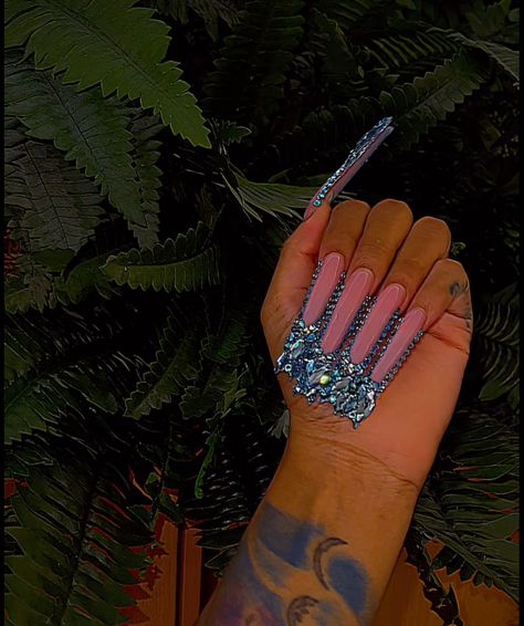 Nails For Ladies, Nails With Crystals, Blue French Nails, Xxl Nails, Punk Nails, Blue Acrylic Nails, Colored Acrylic Nails, Exotic Nails, Long Acrylic Nails Coffin