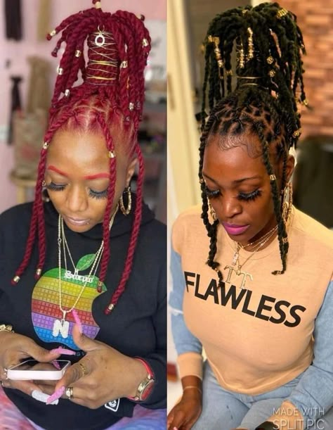 Genie Ponytail Locs, Palm Tree Ponytail Locs, Up Do Dreadlocks Styles For Women, Female Loc Updo Styles, Pineapple Updo With Locs, African Loc Styles, Pineapple Ponytail Loc Style, Loc Pineapple Style, Up Down Loc Styles