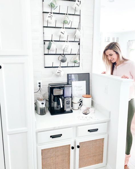 How I Transformed Our Kitchen Desk Nook Into A Functional Coffee Bar - farmhouseish Cute Coffee Nook Ideas, Kitchen Desk Turned Coffee Bar, Convert Kitchen Desk, Kitchen Desk To Coffee Bar, Kitchen Desk Conversion Ideas, Desk To Coffee Bar, Kitchen Desk Makeover, Kitchen Desk Nook, Kitchen Desk Area Repurpose