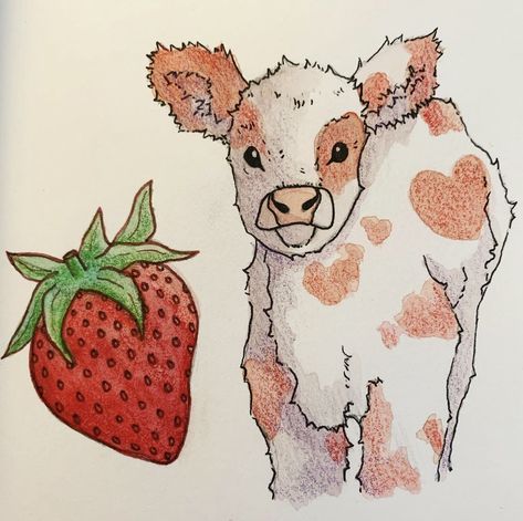 Fuzzy Cow Drawing, Strawberry Cow Drawing, Small Cow, Cow Drawing, Strawberry Cow, Cow Art, Drawing Inspo, Animal Drawings, Moose Art