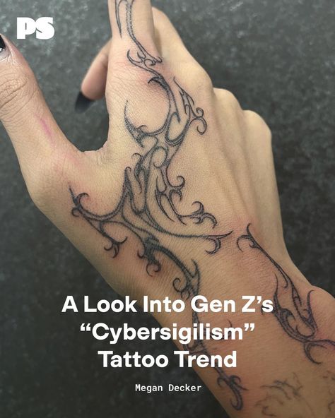 There's a new body-art trend taking over, and it's very Gen Z-coded. We're talking about "cybersigilism" tattoos. Tattoo artist Sydney Smith (@sydsmithhh) describes the cybersigilism tattoo as a contemporary style that combines futuristic, mystical, and tribal-inspired symbols. "These tattoos often incorporate technological or mystical elements, creating a unique aesthetic that's both modern and ancient. . . . [They let Gen Z] show off how their beliefs and experiences are tangled up with our... Modern Tribalism Tattoo, Tribalism Tattoo, Sydney Smith, Cybersigilism Tattoo, Mystical Elements, Tattoo Trends, Art Trends, Gen Z, Unique Aesthetic