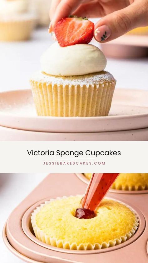 Have you seen this easy cupcakes recipe? Put a twist on a classic bake with these delicious Victoria Sponge Cupcakes! The soft vanilla sponge is filled with jam before being topped with whipped vanilla cream, a dusting of icing sugar and a fresh strawberry. The perfect cupcake for picnics, summer parties or as an afternoon treat served with a cup of tea. This ultimate Victoria Sponge cupcake recipe is so easy - it will soon become your favourite cupcake recipe! Get the recipe now! Sponge Cupcake Recipe, Victoria Sponge Cupcakes, Basic Cupcake Recipe, Sponge Cupcakes, Homemade Brownies Easy, Desserts With Few Ingredients, Easy Jam, Cupcakes Filled, Easy Cupcake Recipes