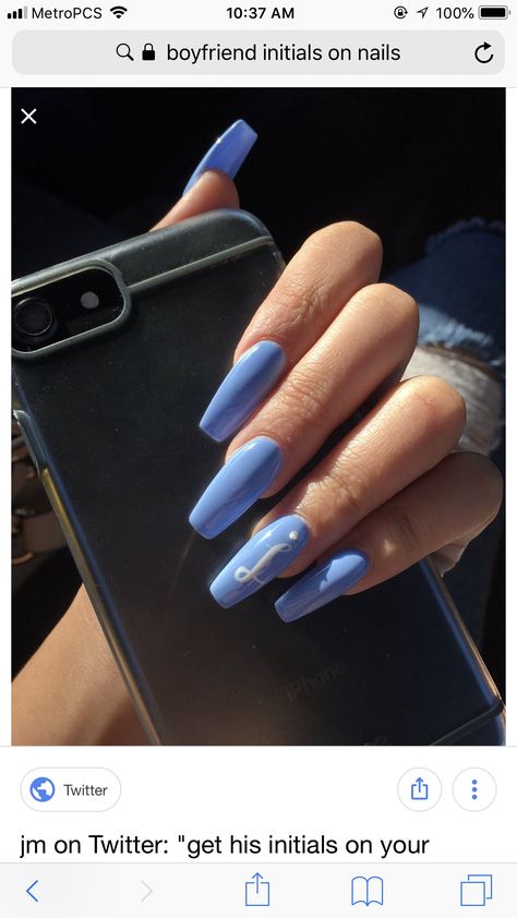 Nail With Initial, Nexgen Nails Colors, Initial Nails, Initial Acrylic, Baby Blue Acrylic Nails, Tiffany Nails, Acrylic Nail Designs Coffin, Blue Coffin Nails, Gold Acrylic Nails