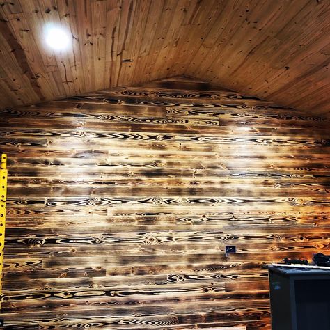 Accent wall “Burnt Pine” Pine Walls, Burnt Wood, Wood Accent Wall, Wall Board, Wood Burning, Wood Wall, Man Cave, Accent Wall, Diy Decor