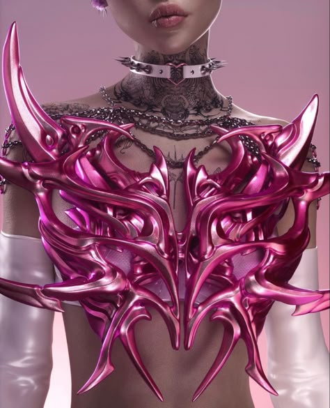 Cybersigilism Outfit, Cybersigilism Clothes, Pink Cyberpunk Outfit, Futuristic Medieval, Chrome Clothes, Pink Futuristic, Pink Armor, Y3k Outfits, Drag Fashion