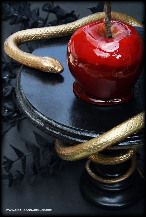 DIY Snake Cake Stand | Black and Gold Serpent Dessert Display Pedestal | Poisonous Apple | Goth Home Decor | Halloween Decor Crafts | www.MeandAnnabelLee.com Goth It Yourself, Snake Cake, Halloween Dessert Table, Diy Snake, Snake Cakes, Halloween Buffet, Elegant Halloween Decor, Halloween Decor Diy, Annabel Lee