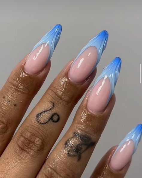 Almond Nails With Blue Tips, Blue Tips Almond Nails, Blue French Nails Tips, Almond Acrylic Nails Blue Tip, Cobalt Blue French Tip Nails Almond, Blue French Tip Nails Almond, Blue And Purple Almond Nails, Blue Almond Nails Design, Tip Nails Almond