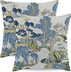 Wsunsal Chinoiserie Pillow Covers 18x18 Inch Set of 2, Asian Scenic Blue and Green Throw Pillows Farmhouse Chinoiserie Decorative Pillowcase Linen Cushion Cover for Home Sofa Bedroom Outdoor Chinoiserie Farmhouse, Chinoiserie Pillow Covers, Chinoiserie Pillow, Green Pillow Covers, Chinoiserie Blue, Green Throw, Green Throw Pillows, Garden Pillows, Home Sofa