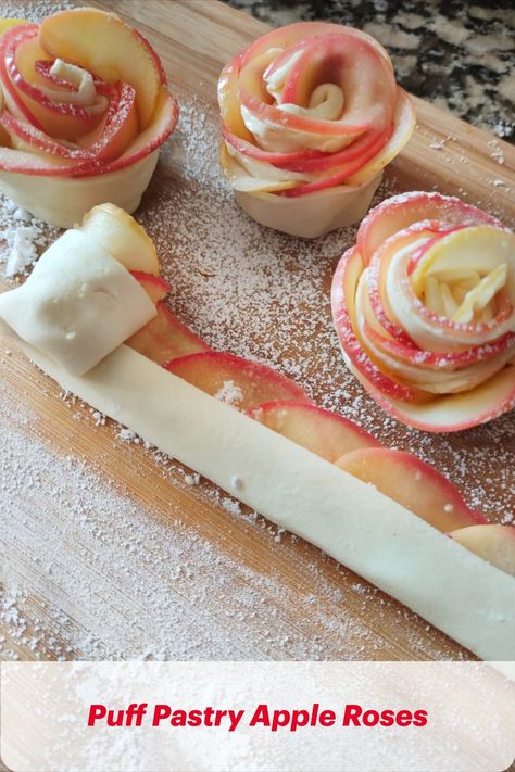 Beautiful apple roses made with puff pastry Baked Apple Roses, Flower Shaped Food, Tea Party Menu, Valentines Recipes Desserts, Flower Desserts, Puff Pastry Desserts, Roses Beautiful, Dessert Cakes, Shower Desserts