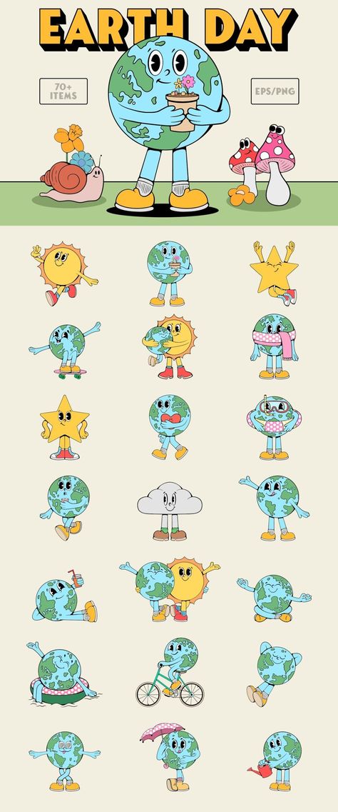 Earth Day Cartoon Collection - The Suppply Co Retro Earth Illustration, Cute Earth Illustration, Earth Day Graphics, Canva Characters, Earth Illustration Design, Retro Character Illustration, Earth Character Design, Retro Illustration Graphics, Groovy Elements