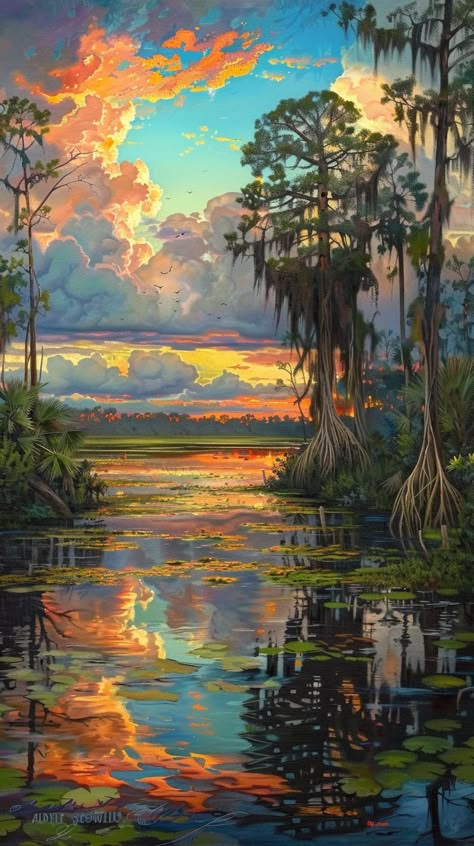 Experience the timeless beauty of Florida's Everglades in vintage style  #VintageVibes #Everglades #NatureLovers #FloridaSunset Vintage Florida Wallpaper, Old Florida Art, Old Florida Decor Living Room, Old Florida Paintings, Everglades Tattoo, Florida Painting Ideas, Everglades Aesthetic, Old Florida Aesthetic, Old Florida Decor Interior Design