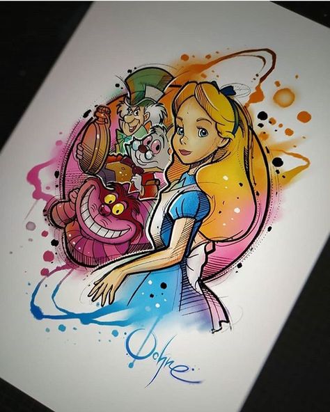 ✨”We’re all mad here” - Alice in Wonderland💗 ✨In love with this tattoo design by @ochrefoxtattoo😍so much detail and full of colour! I just… Alice And Wonderland Tattoos, Disney Punk, Alice In Wonderland Artwork, Dark Alice In Wonderland, Disney Sleeve, Alice In Wonderland Drawings, Wonderland Artwork, Wonderland Tattoo, Alice And Wonderland Quotes