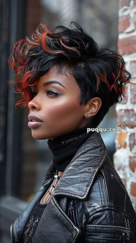 Highlights On Pixie Haircut, Streaks In Black Hair, Red Streaks In Black Hair, Curly Asymmetrical Bob, Curly Asymmetrical, Black Hair With Red, Hair With Red Highlights, Long Hair Volume, Black Hair With Red Highlights