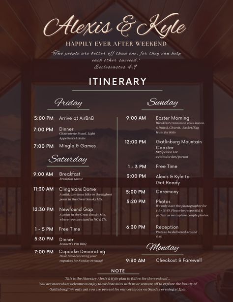 Gatlinburg Elopement Weekend Itinerary Wedding Itinerary Examples, Weekend Wedding Itinerary, Gatlinburg Elopement, Wedding Weekend Itinerary, Light Appetizers, Wedding Schedule, Weekend Wedding, Wedding Itinerary, Weekend Itinerary