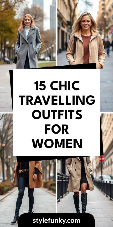 Looking to jet-set in style? Check out these 15 Chic Travelling Outfits for Women that combine comfort and chic vibes perfectly. From the elegant wool coat over a midi skirt paired with heeled booties to a cozy fleece-lined zip-up jacket styled with joggers, there's a look for every kind of traveler. Need something more sophisticated? A classic trench coat over a turtleneck dress and knee-high boots is always a go-to. Expand your travel wardrobe with outfits that make you feel great on-the-go while looking effortlessly stylish. Sophisticated Travel Outfits, Elegant Travel Outfits Classy, First Class Travel Outfit, Elegant Travel Outfits, Business Travel Outfits Woman, Business Trip Outfits For Women, Commuter Outfit, Travel Look Outfits, Travel Jacket Women