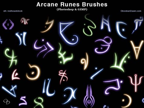 Arcane Runes Photoshop and GIMP Brushes by redheadstock Arcane Runes, Rune Art, Gimp Brushes, Dnd Inspiration, Spell Casting, Magic Tattoo, Magic Symbols, Writing Ideas, Photoshop Brushes