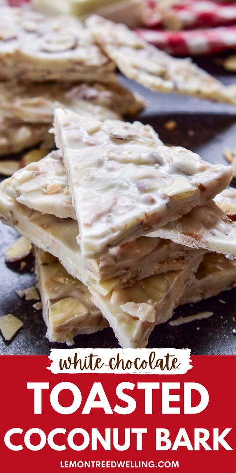 Toasted Coconut Bark is proof that sometimes simple is best! Made with just 3 ingredients -  white chocolate, sliced almonds, and toasted coconut - it's a delicious flavor combination that's perfect for the holidays! Coconut Bark Recipe, White Chocolate Almond Bark, Toasted Coconut Recipes, Truffles Candy, Coconut Treats, Coconut Bark, Candy Bark Recipes, Almond Bark Recipes, Pecan Monkey Bread