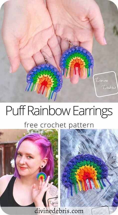 Learn to make the Puff Rainbow Earrings, an easy and fun crochet thread accessory, from a free crochet pattern photo tutorial on DivineDebris.com Rainbow Crochet Earrings, Pride Crochet Patterns Free, Crochet Rainbow Pattern Free, Crochet Pride Patterns, Pride Crochet Patterns, Pride Crochet, Crochet Presents, Crochet Cottagecore, Summer Market