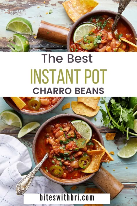 These instant pot charro beans are the first bean recipe I have posted to the blog which is funny because I eat beans every week. Charro beans are a traditional Mexican dish. They are pinto beans stewed with pork (like ham, bacon, or chorizo), onions, peppers, tomatoes, and garlic. This authentic Mexican recipe has many names. It is also called frijoles charros or a la charra, Mexican cowboy beans, borracho beans, or ranchero beans. Charro actually means horsemen or cowboy, hence the name. Charo Beans Recipe, Boracho Beans, Instant Pot Charro Beans, Ranchero Beans, Borracho Beans Recipe, Bri Recipes, Borracho Beans, Mexican Beans Recipe, Ham Hocks And Beans