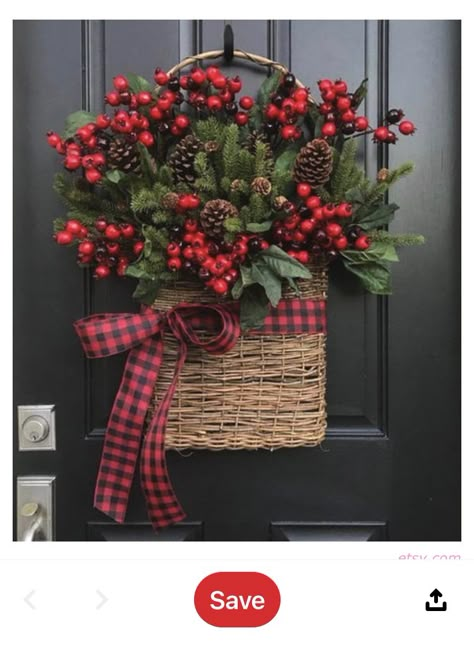 Basket Wreath, Holiday Gift Baskets, Fun Christmas Decorations, Black Door, Christmas Baskets, Christmas Wreaths For Front Door, Front Porch Christmas Decor, Christmas Wreaths Diy, Christmas Door