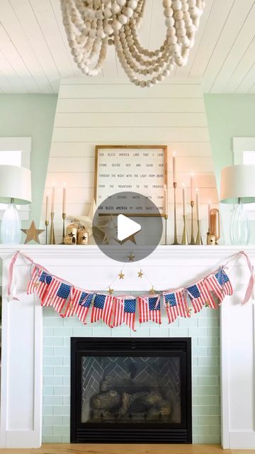 12 Timbers on Instagram: "EASY peasy 🇺🇸 CUTIE patootie 🇺🇸 FLAG garland! how cute is this mixed with our gold star garland, star bells and wood stars! 🇺🇸the perfect patriotic mantle from our girl Andrea @valleyviewabode  i am still working on my holiday decor! how about you?   . . .  #12timbers #twelvetimbers #ringintheweekend #bells #patriotic #patrioticdecor #fireplacemantel #goldbells #coastaldecor #coastalhome #diyyour4thofjuly #fourthofjulyweekend🇺🇸 #4thofjuly #mantledecor #mantelstyling #redwhiteandblue🇺🇸 #diyhomedecor #bhghowiholiday   mantle / summer decor / diy / flag / craft" Patriotic Mantle Decor, Americana Mantle Decor, Patriotic Mantle, Patriotic Bunting On House, Star Spangled Hammered, Diy Flag, Flag Garland, Flag Crafts, Star Spangled Banner