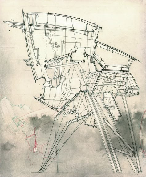 Lebbeus Wood, Architectural Sections, Lifeguard Station, Lebbeus Woods, Deconstructivism, Arch Drawing, Architecture Representation, Section Drawing, Steven Holl