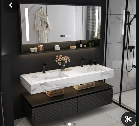 Floating Double Vanity Bathroom, Floating Sink Vanity, Double Sink Bathroom Ideas, Floating Vanity Bathroom, Black Cabinets Bathroom, Wash Basin Bathroom, Vanity Modern, Bathroom Sink Design, Black Vanity Bathroom